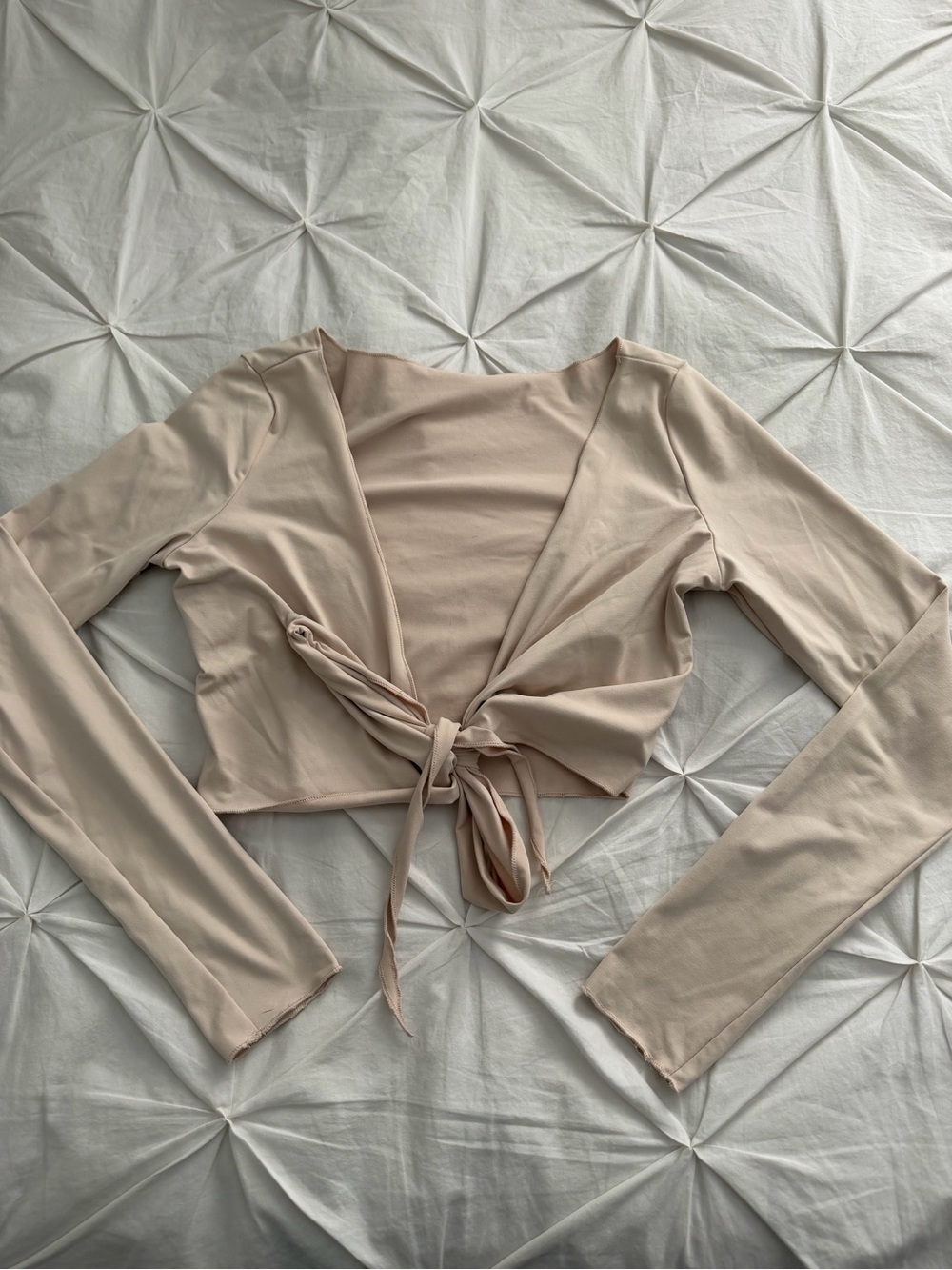 Tie-Front Long Sleeve Crop Top in Light Beige